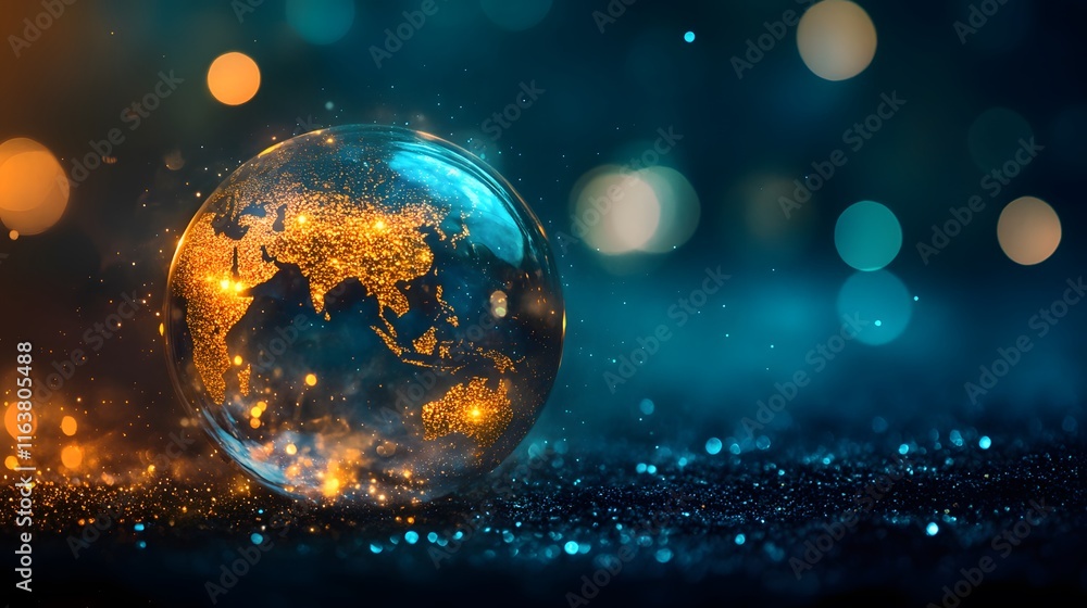 A glass globe with gold glitter continents and a dark blue background with bokeh lights. A glass globe with gold glitter continents and a dark blue background with bokeh lights.