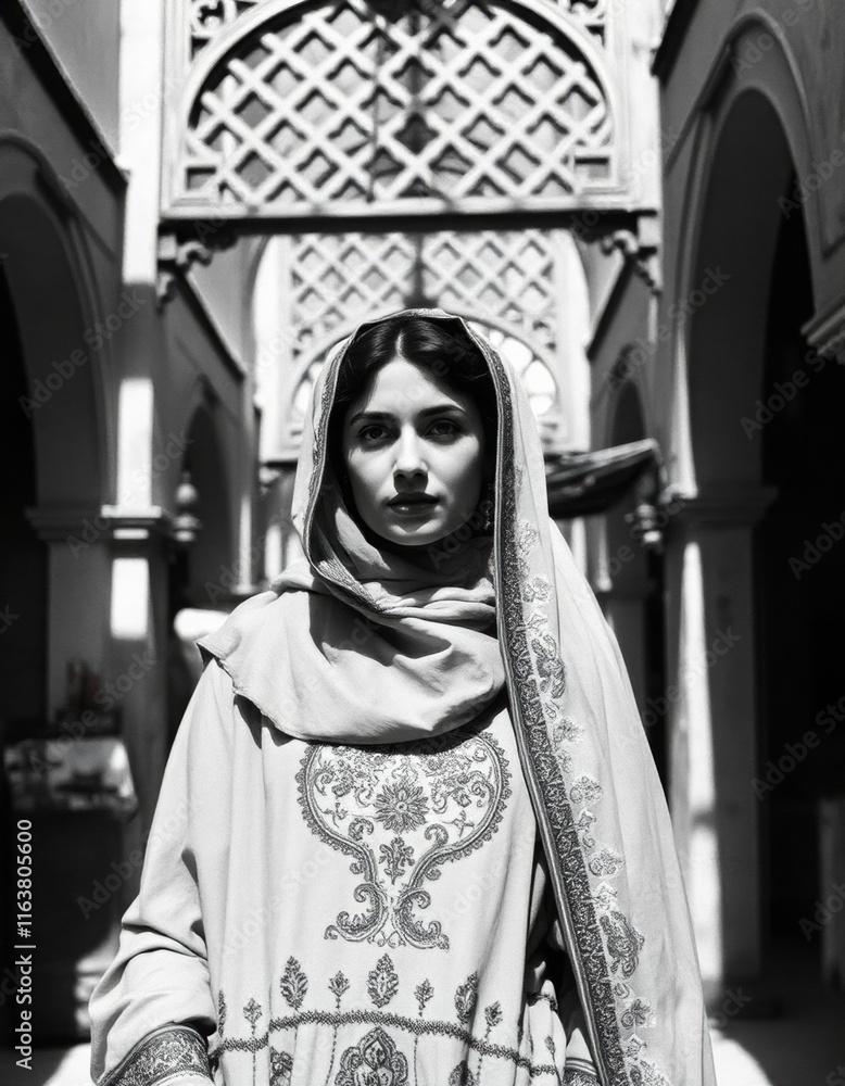 Obraz premium Woman in Traditional Attire and Vintage Architecture