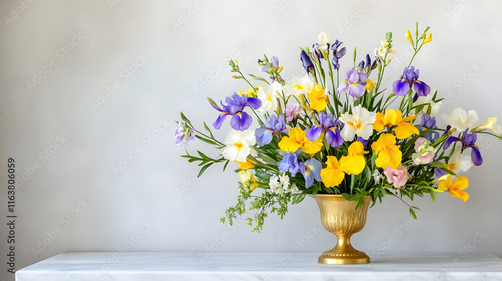 vibrant arrangement of irises and pansies in gold vase, symbolizing beauty and elegance vibrant arrangement of irises and pansies in gold vase, symbolizing beauty and elegance