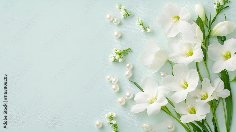 romantic flat lay of white freesia flowers and pearls on soft background romantic flat lay of white freesia flowers and pearls on soft background