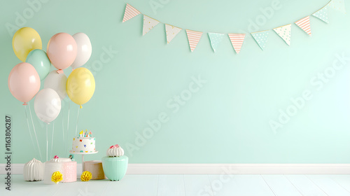 Wallpaper Mural cheerful party setup featuring colorful balloons, cake, and bunting Torontodigital.ca