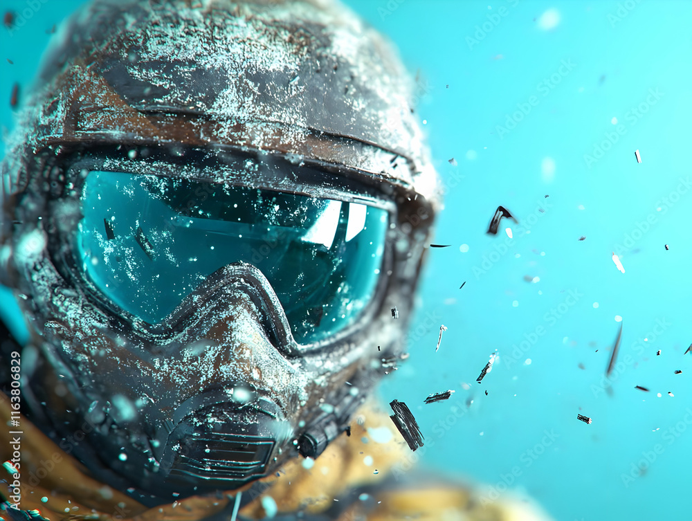 Close-up of snow-covered paintball helmet with goggles against a vibrant teal background with ice particles.