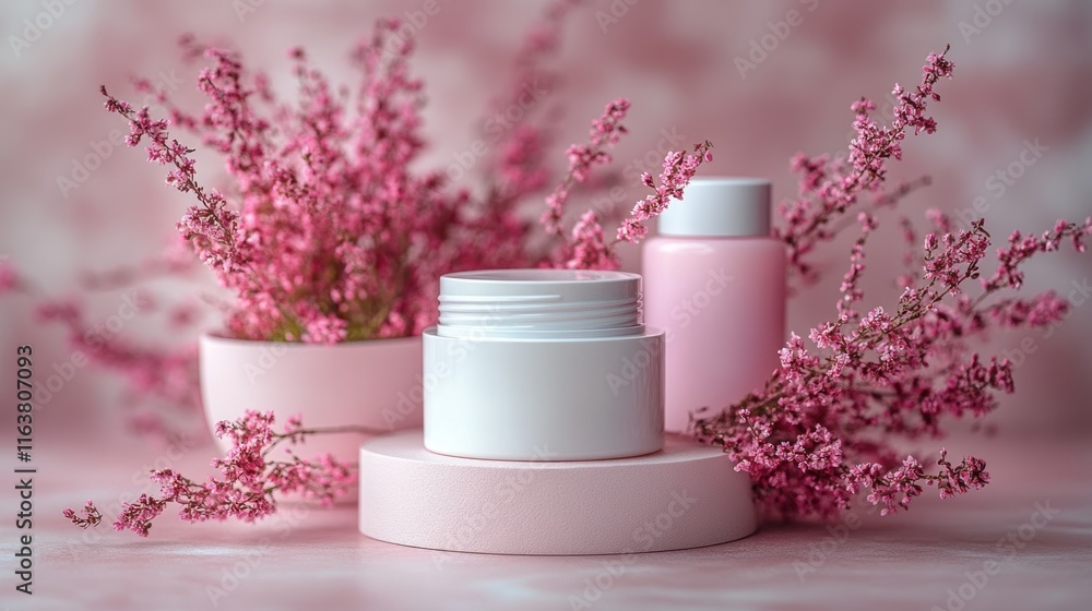 Pink cosmetic jars and bottles with flowers. Pink cosmetic jars and bottles with flowers.