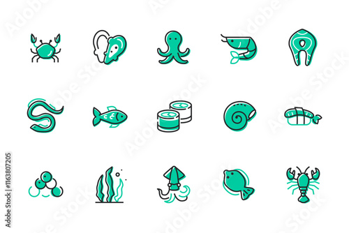 Seafood and fish - set of line design style icons