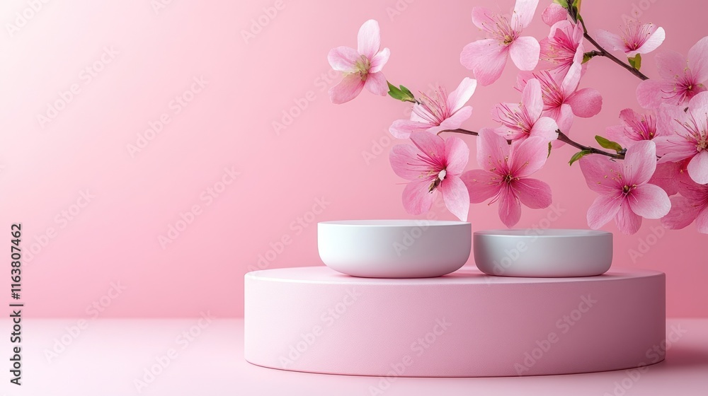 Pink floral display with two white bowls on a pink pedestal. Pink floral display with two white bowls on a pink pedestal.