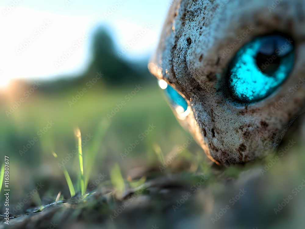 Close-up of a weathered skull with glowing blue eyes in grass at sunset. Close-up of a weathered skull with glowing blue eyes in grass at sunset.