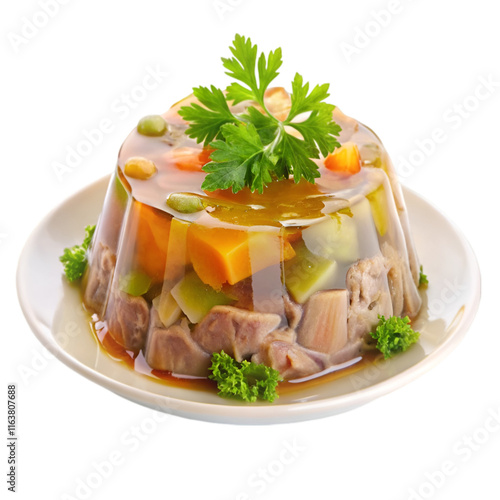 Aspic jellied meat in white plate isolated on transparent background