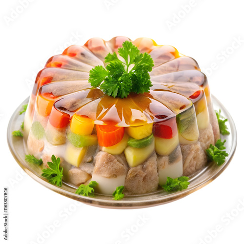 Aspic jellied meat in white plate isolated on transparent background