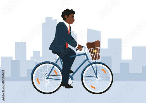 Businessman in formal clothes on bike. African ethnicity man cycling in city