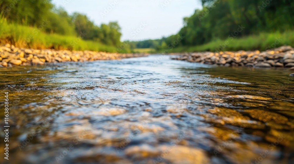 Serene Riverbank Scene with Clear Water and Lush Greenery Serene Riverbank Scene with Clear Water and Lush Greenery
