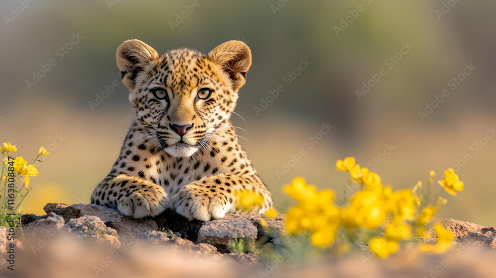 Fototapeta premium Leopard cub resting paws on rocks, framed by yellow flowers, gazing intently.