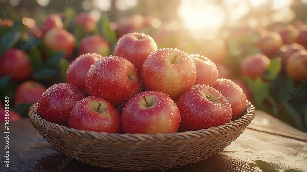 Red apples in a wicker basket on a wooden table, orchard background. Red apples in a wicker basket on a wooden table, orchard background.