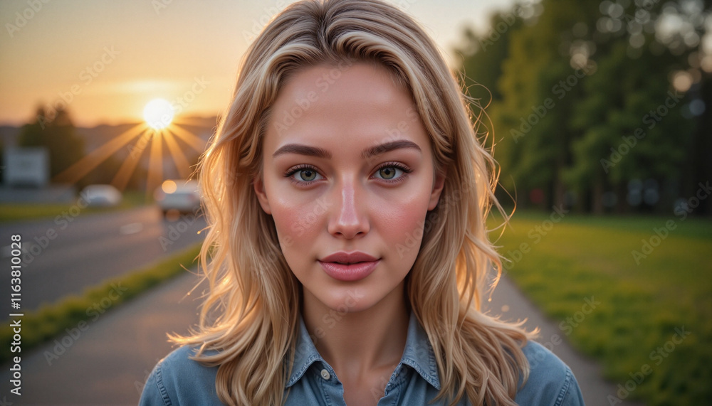 Young woman smiling at sunset in a park Young woman smiling at sunset in a park