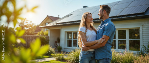 Wallpaper Mural Joyful couple embracing in front of a house equipped with solar panels, showcasing sustainable actions and green living.

 Torontodigital.ca
