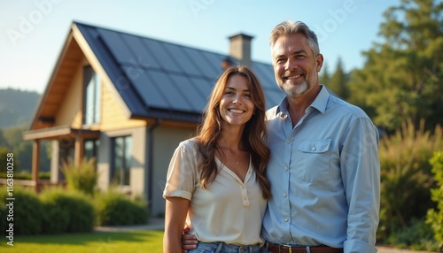 Joyful couple embracing in front of a house equipped with solar panels, showcasing sustainable actions and green living.

 photo