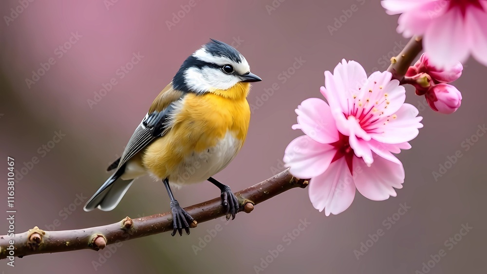 Naklejka premium A bird sitting on the branch of a flower. Sakura blossom festival. Springtime wildlife and nature concept. Japanese nature background
