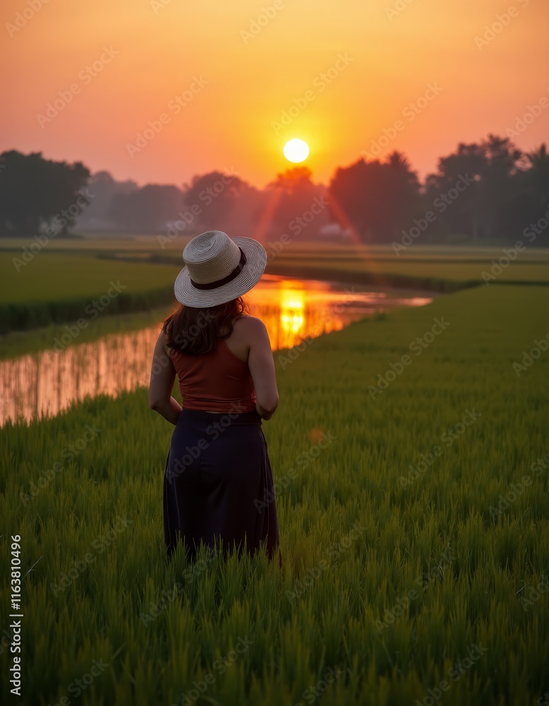 A woman in a straw hat standing in a field of green grass A woman in a straw hat standing in a field of green grass