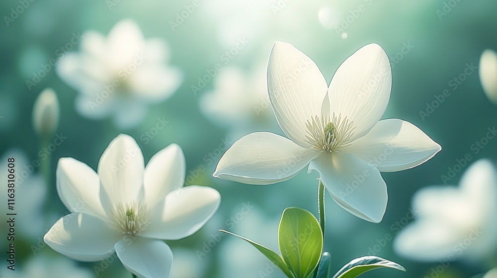 Soft light illuminates several pristine white flowers in a tranquil garden setting. Soft light illuminates several pristine white flowers in a tranquil garden setting.