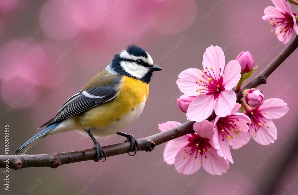 A bird sitting on the branch of a flower. Sakura blossom festival. Springtime wildlife and nature concept. Japanese nature background A bird sitting on the branch of a flower. Sakura blossom festival. Springtime wildlife and nature concept. Japanese nature background