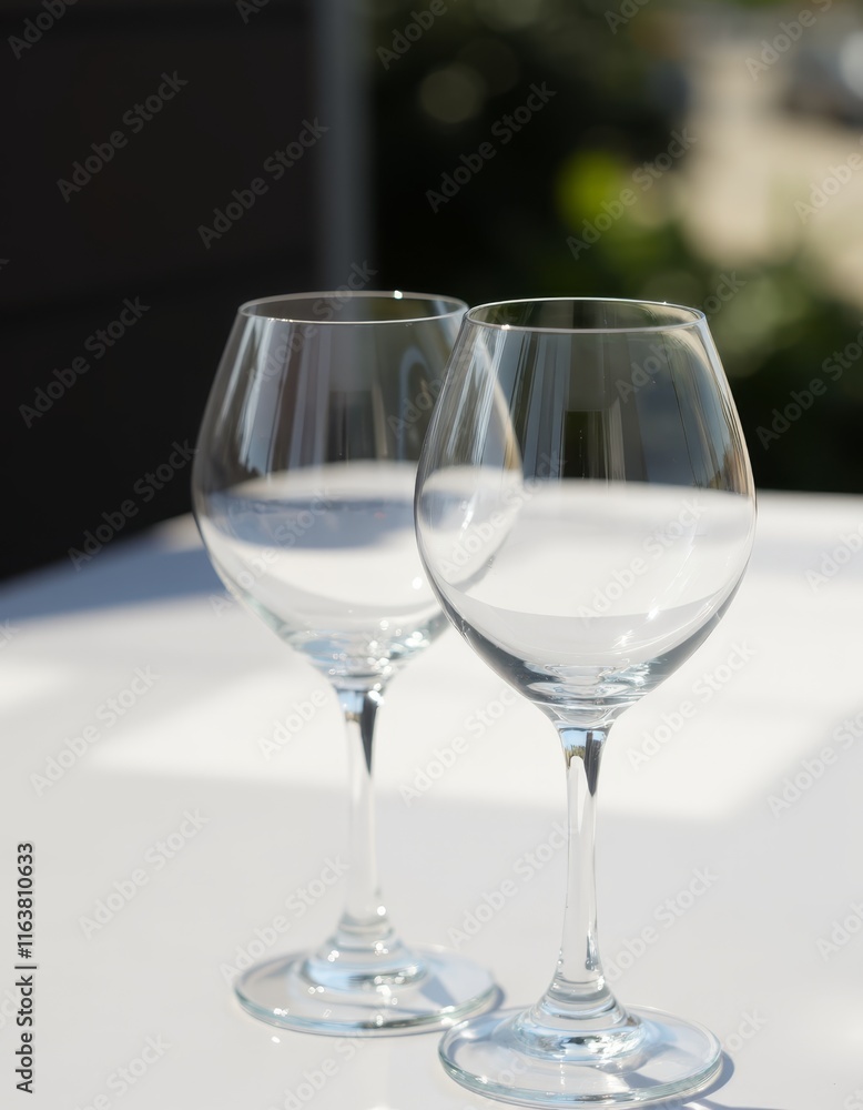 Two empty wine glasses sitting on top of a table Two empty wine glasses sitting on top of a table