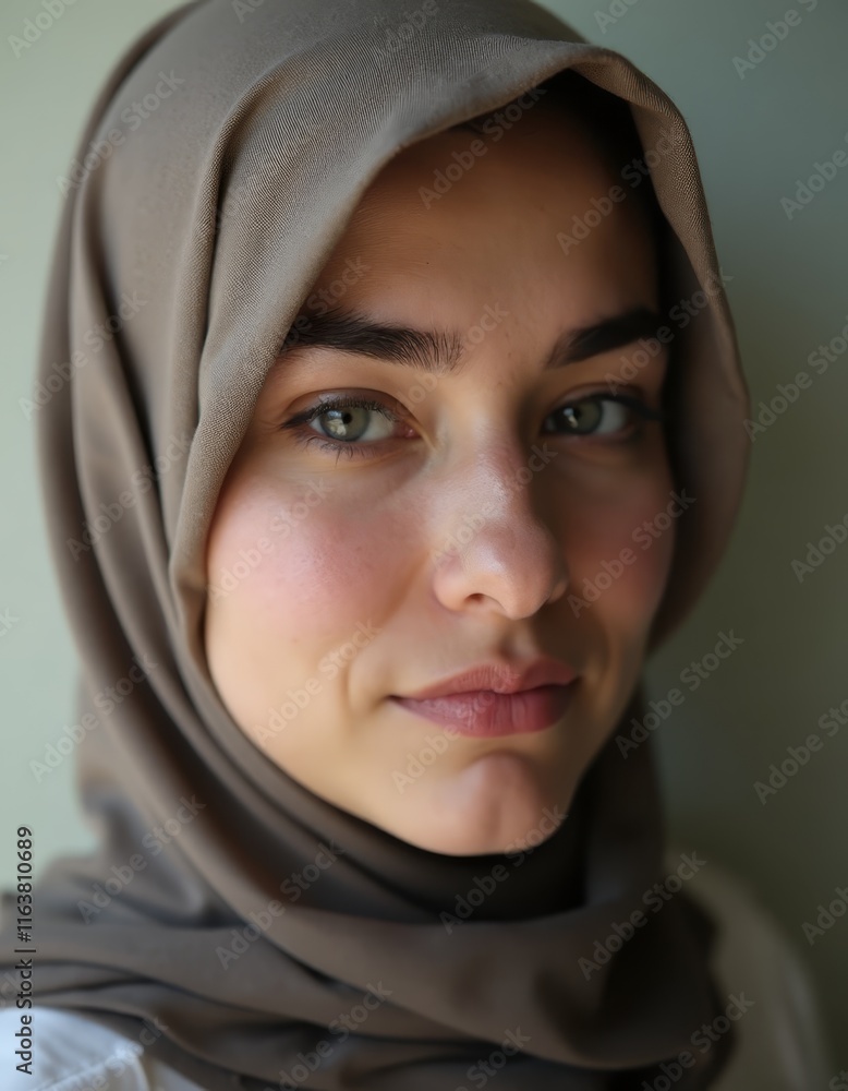 A woman wearing a headscarf looking at the camera A woman wearing a headscarf looking at the camera