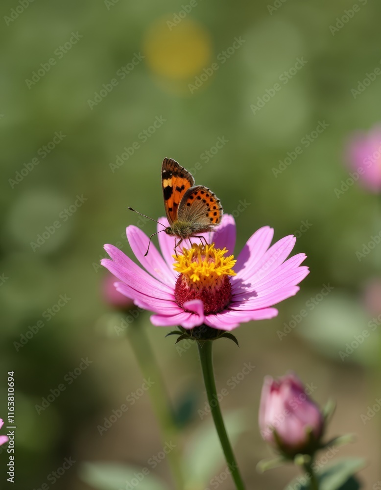 A butterfly sitting on top of a pink flower A butterfly sitting on top of a pink flower