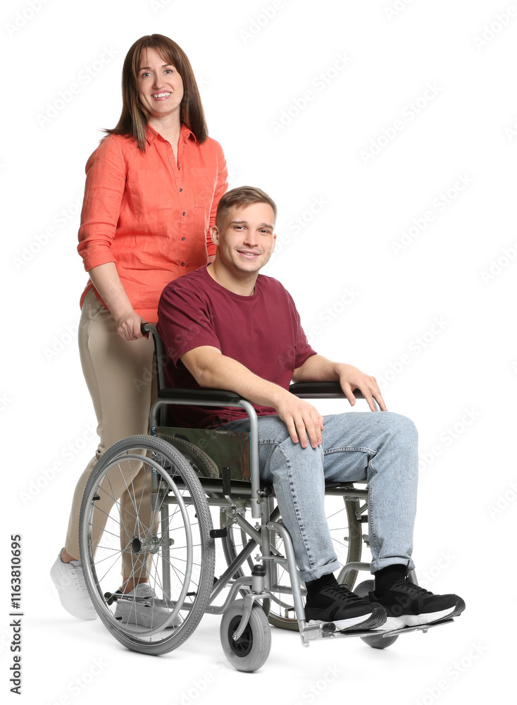 Caregiver with man in wheelchair on white background Caregiver with man in wheelchair on white background