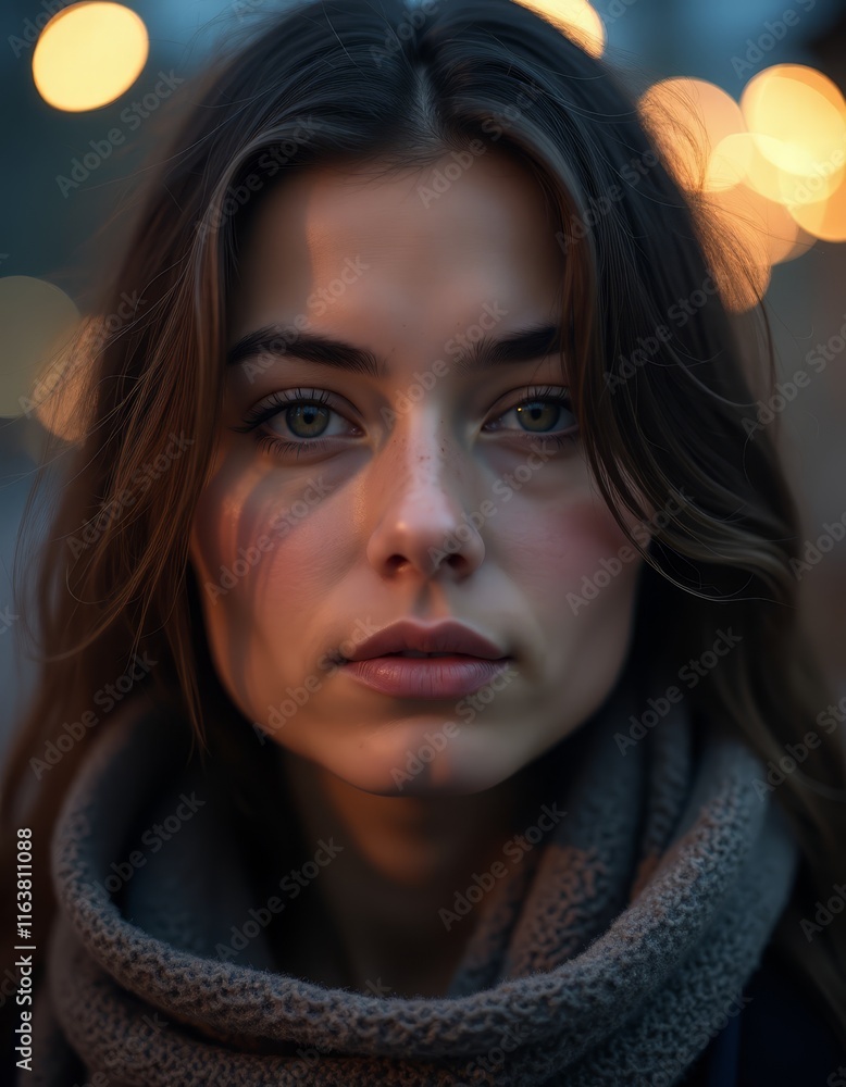 A woman with long brown hair wearing a scarf A woman with long brown hair wearing a scarf