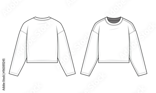 Basic long sleeve shirt technical fashion illustration. Long sleeve shirt  vector template illustration. front and back view. oversized. drop shoulder. unisex. white color. CAD mockup.