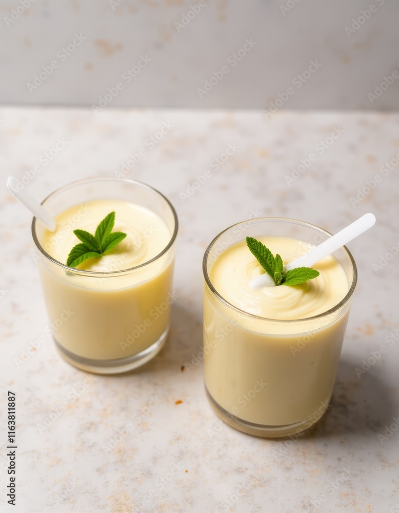 Two glasses of eggnog with a mint leaf on top of them Two glasses of eggnog with a mint leaf on top of them