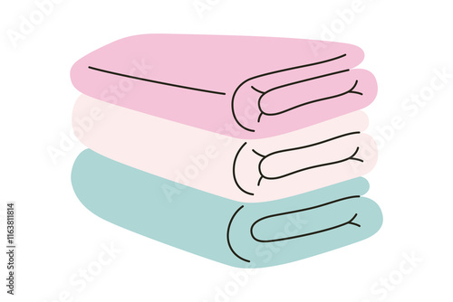 Vector illustration of cartoon stack of folded pastel towels. Minimalist flat design, perfect for bath, spa, hygiene, and home decor themes. Decorative, cozy, and modern, isolated colored clipart