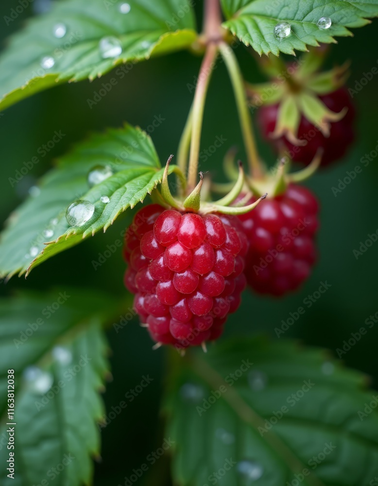 A bunch of ripe raspberries on a bush with water droplets A bunch of ripe raspberries on a bush with water droplets