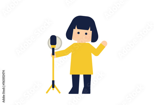 スタンドマイクを持つ人物のイラスト | 声優 歌う 収録 ( ベクター人物素材 デフォルメ シンプル )
