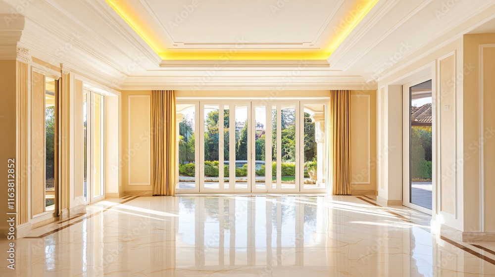 Fototapeta premium Luxurious Empty Room with Marble Floor and Large Windows