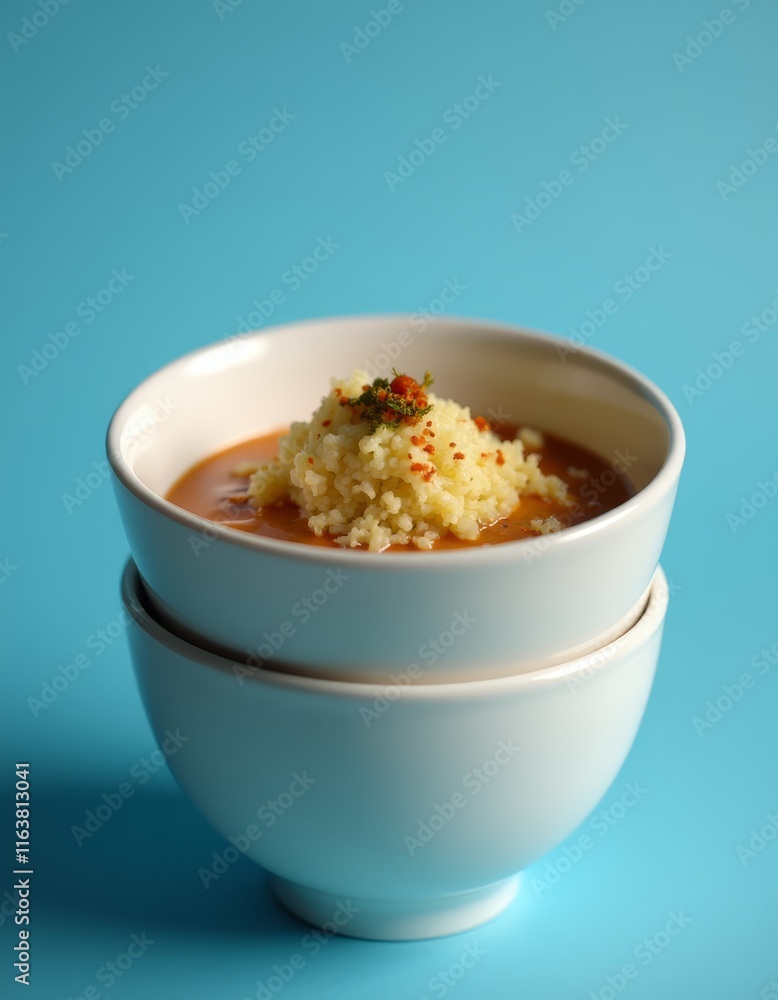 A bowl of soup and rice on a blue background A bowl of soup and rice on a blue background