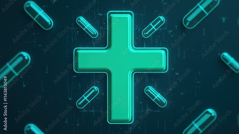 Fototapeta premium Green Cross Symbol with Capsules on a Dark Background Design