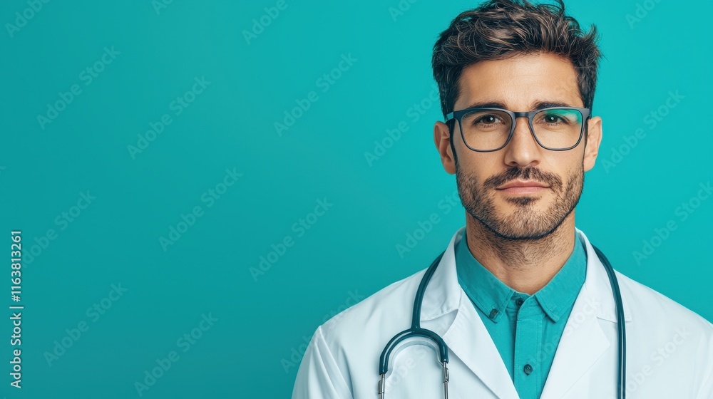 Confident Male Doctor in White Coat with Stethoscope on Blue Background Confident Male Doctor in White Coat with Stethoscope on Blue Background