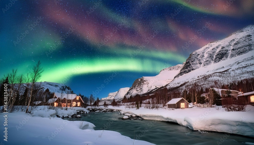 Spectacular Northern Lights Illuminating Snowy Mountains and Serene Water in Norway During Winter Night Spectacular Northern Lights Illuminating Snowy Mountains and Serene Water in Norway During Winter Night
