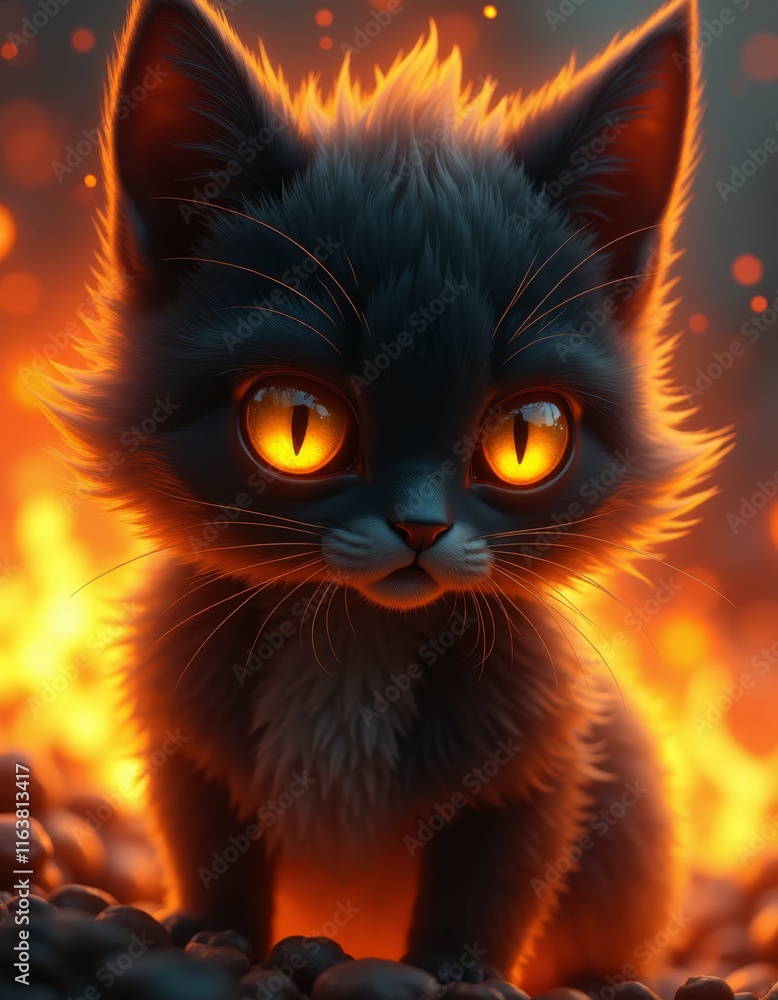A black cat with yellow eyes standing in front of a fire A black cat with yellow eyes standing in front of a fire