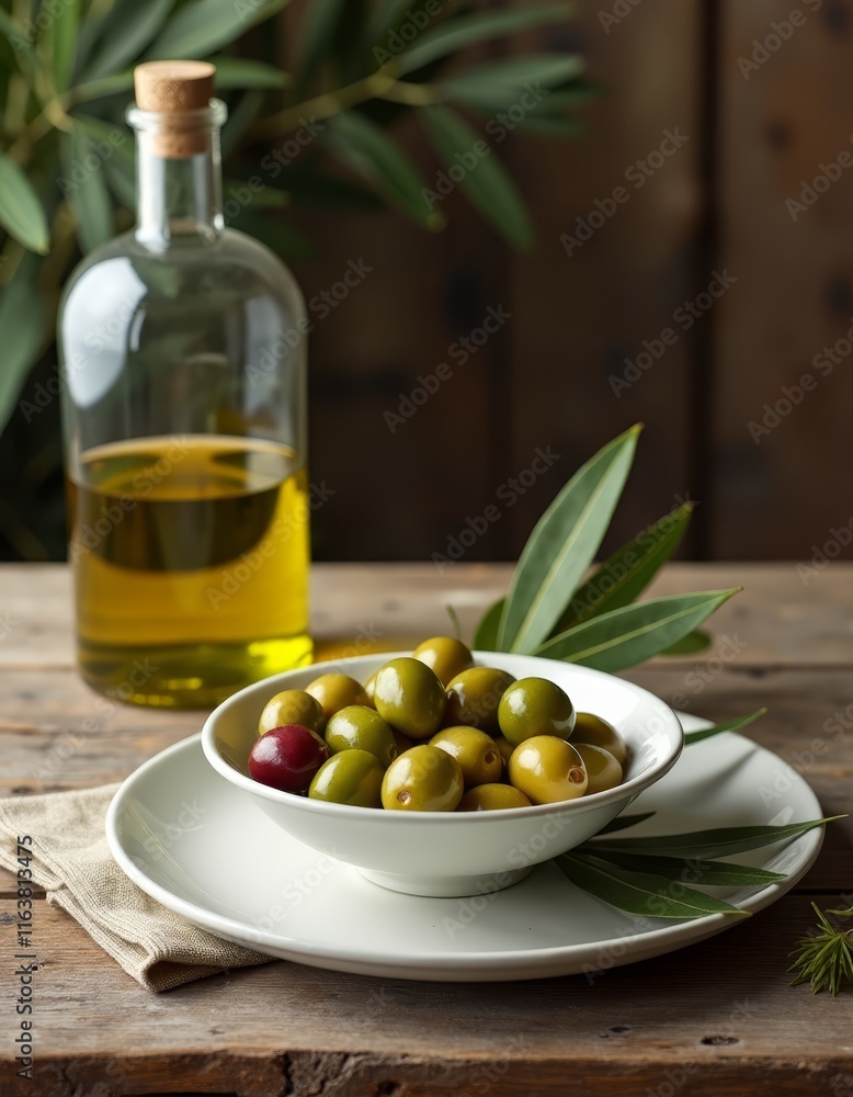 A bowl of olives and a bottle of olive oil on a table A bowl of olives and a bottle of olive oil on a table