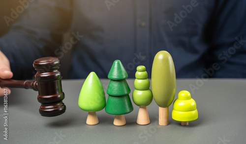 Judge's gavel in a hand and toy trees. Concept of court cases related to environmental protection and ecological problems. Natural resources. Protecting nature and environmental law photo