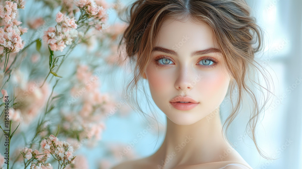 Beautiful Woman with Minimalist Makeup and Natural Hair in a Soft Pastel Setting Beautiful Woman with Minimalist Makeup and Natural Hair in a Soft Pastel Setting