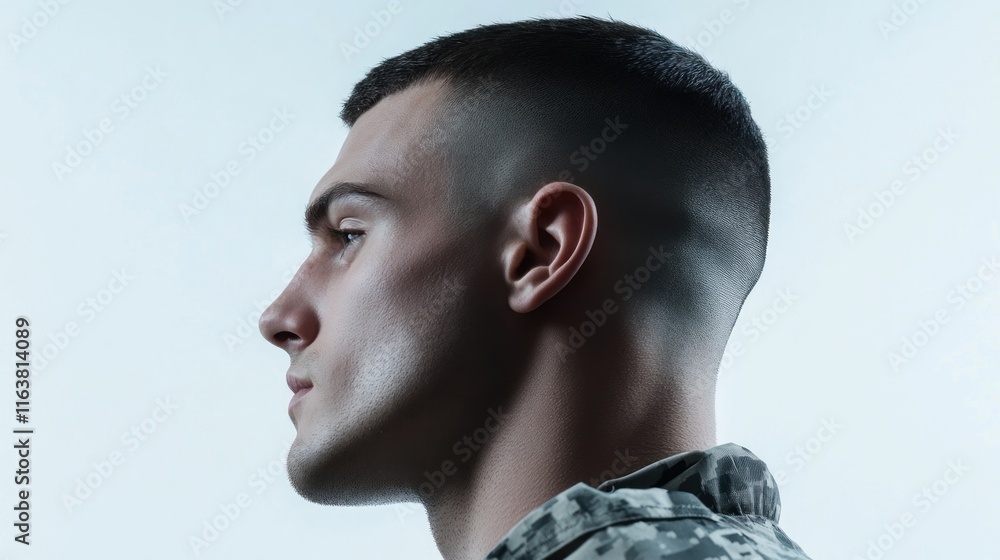 Profile view of a young man with short hair, wearing camouflage uniform. Profile view of a young man with short hair, wearing camouflage uniform.