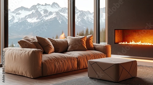 A warm beige sofa with plush cushions and a geometric ottoman, situated by large windows offering a mountain view photo