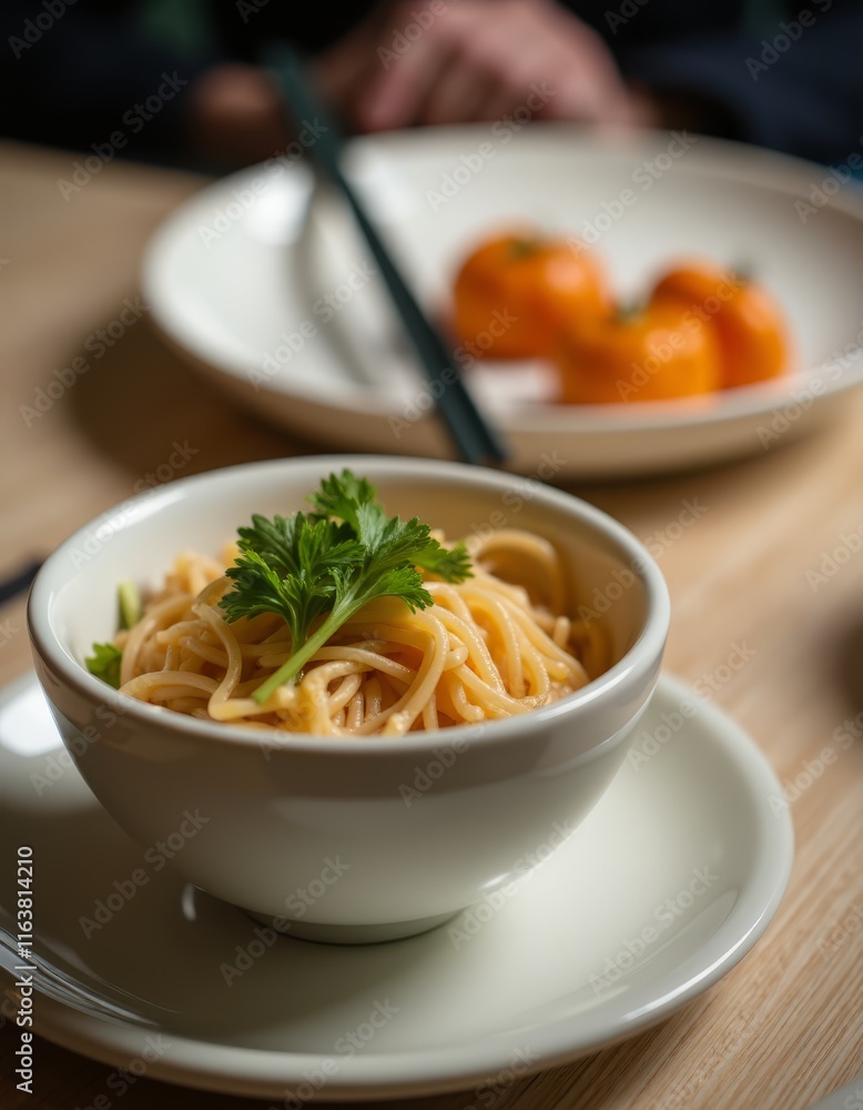 A bowl of noodles on a white plate with chopsticks A bowl of noodles on a white plate with chopsticks