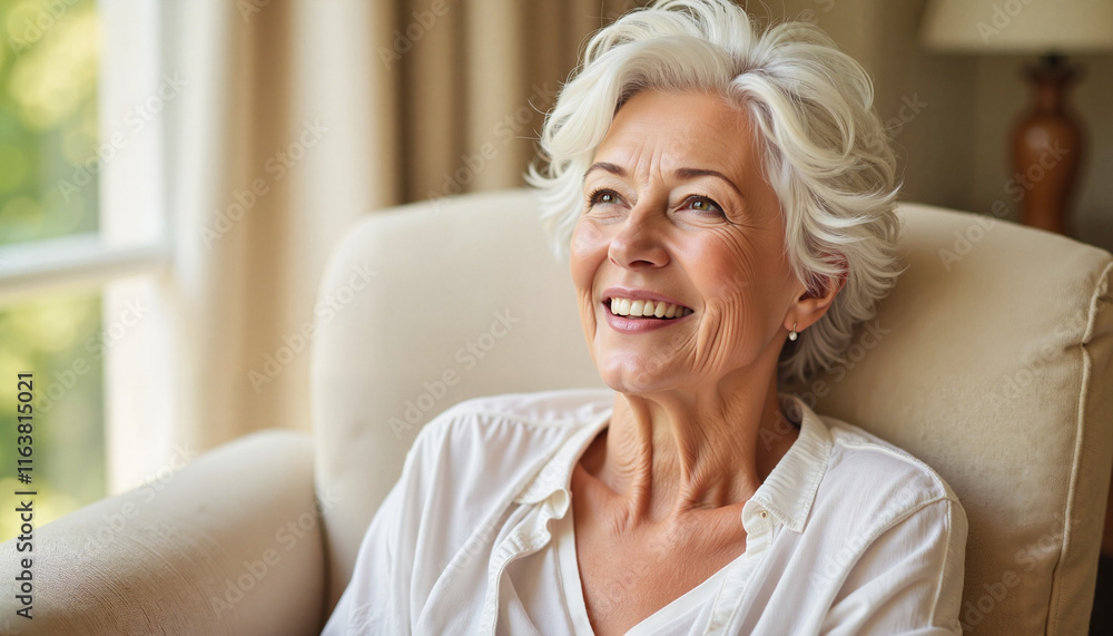 Smiling elderly woman in armchair by window Smiling elderly woman in armchair by window