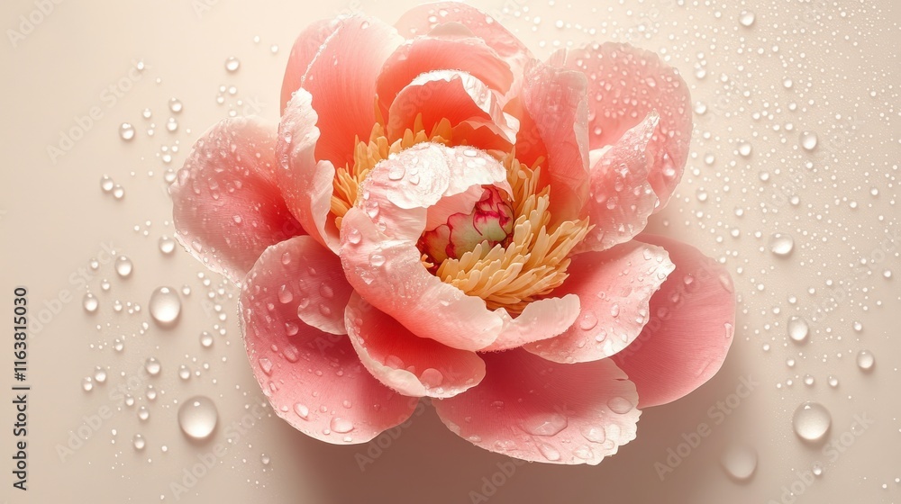 Pink and coral peony with dew on taupe background with sunlight Pink and coral peony with dew on taupe background with sunlight