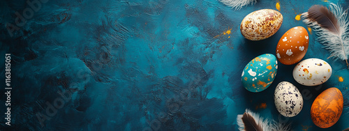 A top view of an Easter table with eggs and feathers on the side, against a blue background8 photo