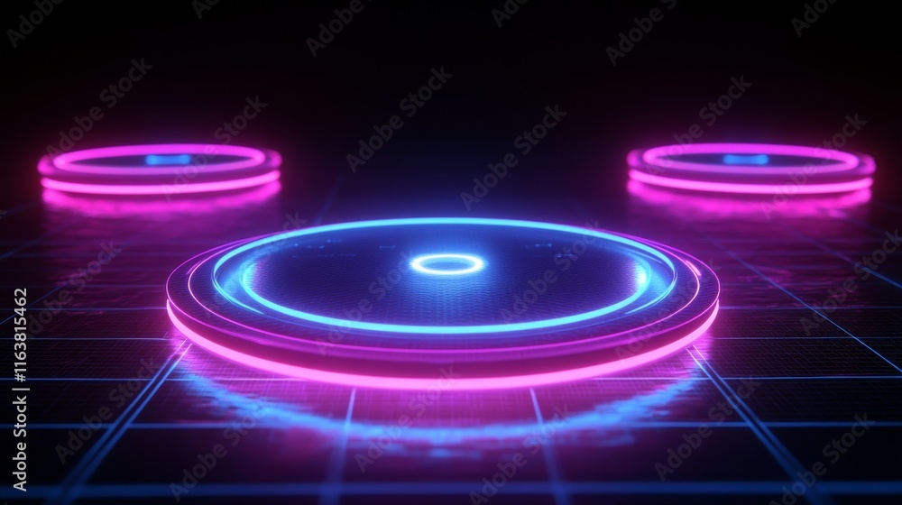 Circle digital portals, neon light platforms with glow and sparkles isolated on black background. Futuristic teleport podiums, healing aura for game interface, vector realistic set Circle digital portals, neon light platforms with glow and sparkles isolated on black background. Futuristic teleport podiums, healing aura for game interface, vector realistic set