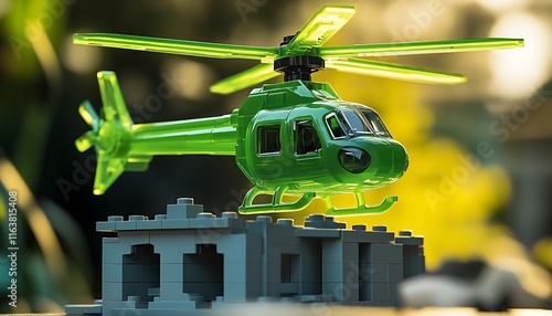 Vibrant green plastic toy helicopter hovering over a toy block building